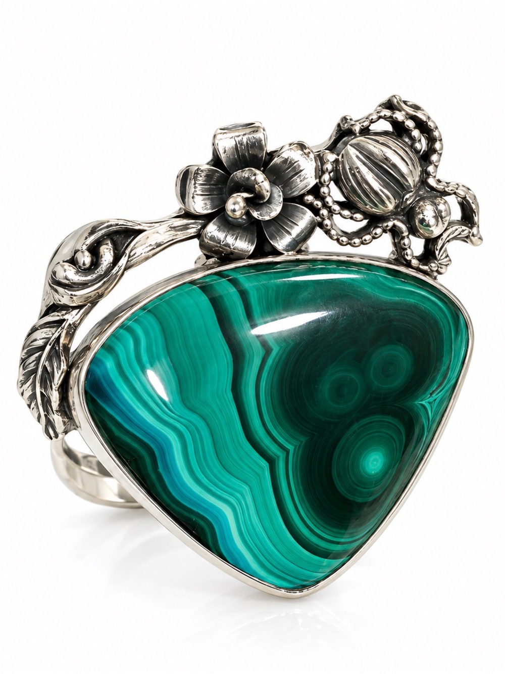 Sterling Silver Floral Ring with Green Malachite Center